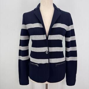 Talbots Nautical Stripe Knit Blazer Cardigan Navy Blue XS Preppy Casual Coastal